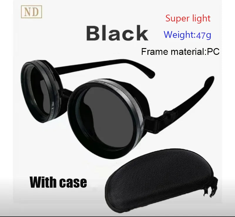 Handcrafted ND9 Adjustable Dimming Retro Punk Round Sunglasses for Men and Women - UV400 Polarized Outdoor Fishing and Driving Eyewear