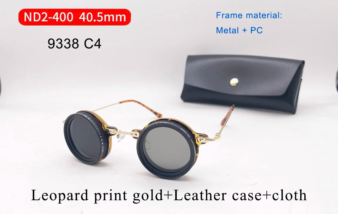 Handcrafted ND9 Adjustable Dimming Retro Punk Round Sunglasses for Men and Women - UV400 Polarized Outdoor Fishing and Driving Eyewear