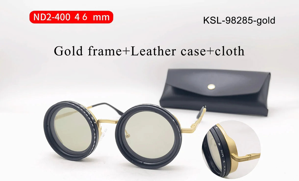 Handcrafted ND9 Adjustable Dimming Retro Punk Round Sunglasses for Men and Women - UV400 Polarized Outdoor Fishing and Driving Eyewear