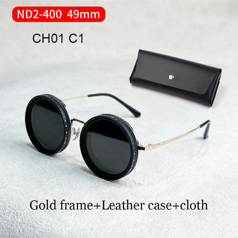 Handcrafted ND9 Adjustable Dimming Retro Punk Round Sunglasses for Men and Women - UV400 Polarized Outdoor Fishing and Driving Eyewear
