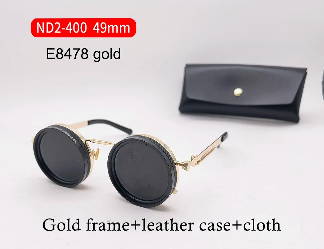 Handcrafted ND9 Adjustable Dimming Retro Punk Round Sunglasses for Men and Women - UV400 Polarized Outdoor Fishing and Driving Eyewear