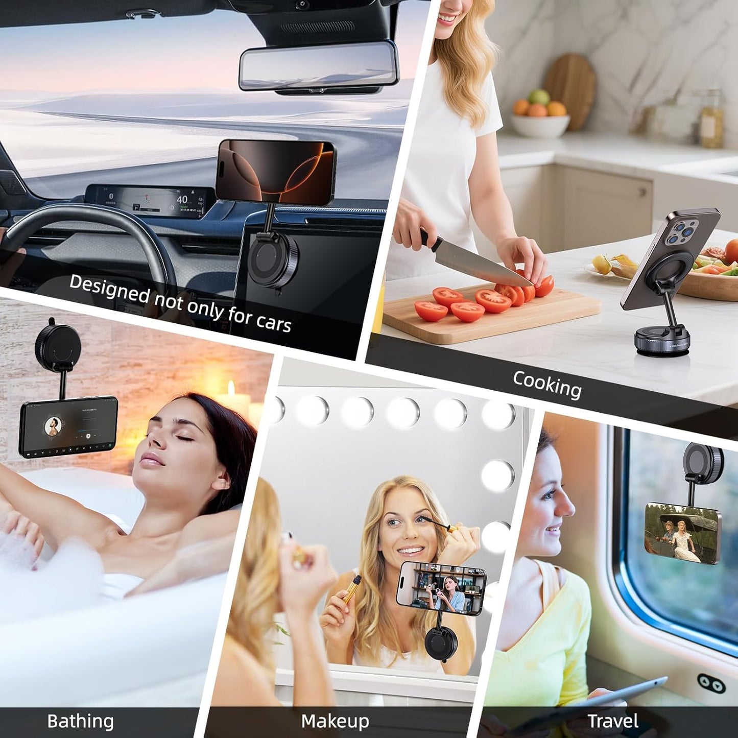 Vacuum Magnetic Suction Phone Holder, Foldable and Retractable Hands-Free Suction Cup Phone Mount for Car/Gym/Mirror/Smooth Surface, Compatible with Iphone Android and All Smartphones (Black)