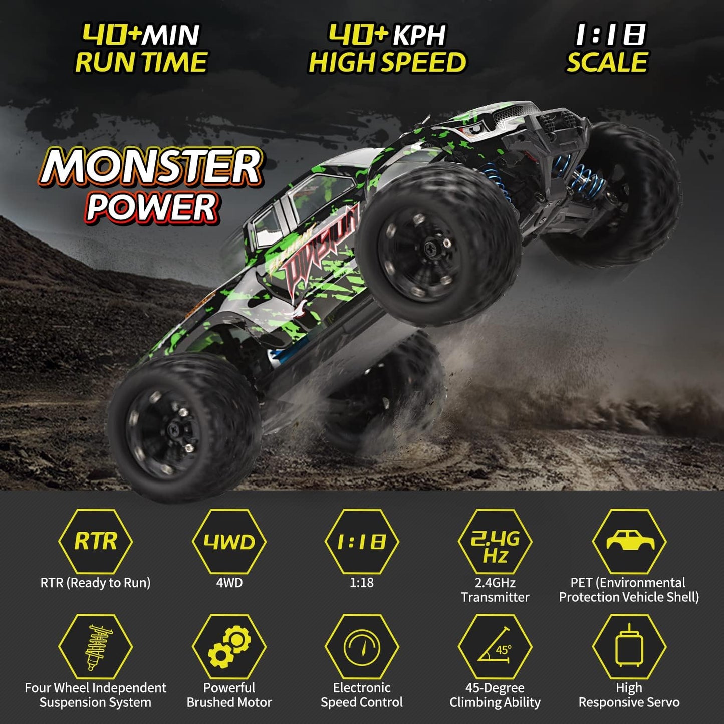 1:18 Scale All Terrain RC Cars, 40KM/H High Speed 4WD Remote Control Car with 2 Rechargeable Batteries, 4X4 off Road Monster Truck, 2.4Ghz Electric Vehicle Toys Gifts for Kids and Adults
