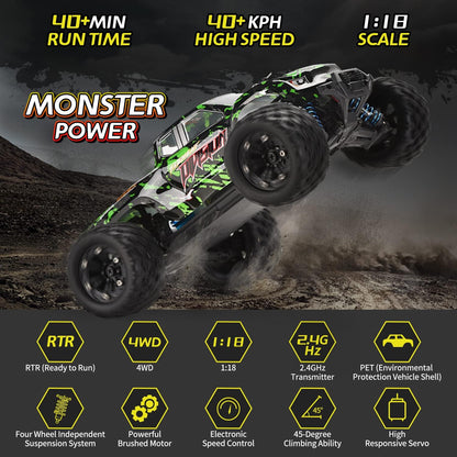 1:18 Scale All Terrain RC Cars, 40KM/H High Speed 4WD Remote Control Car with 2 Rechargeable Batteries, 4X4 off Road Monster Truck, 2.4Ghz Electric Vehicle Toys Gifts for Kids and Adults