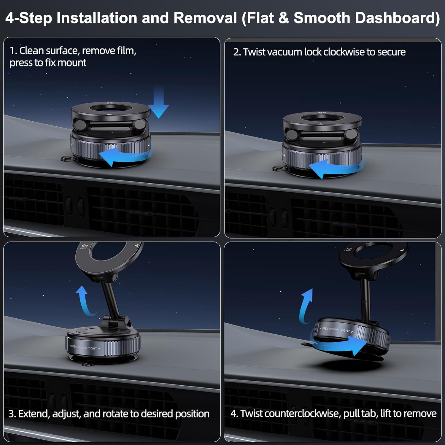 Vacuum Magnetic Suction Phone Holder, Foldable and Retractable Hands-Free Suction Cup Phone Mount for Car/Gym/Mirror/Smooth Surface, Compatible with Iphone Android and All Smartphones (Black)