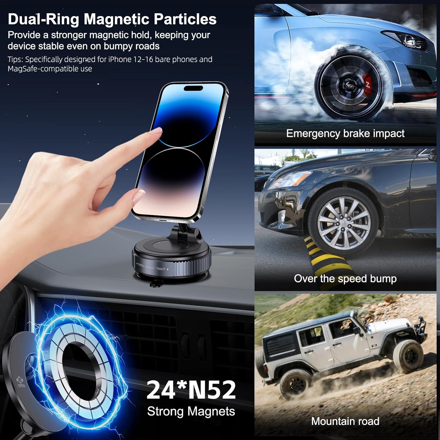 Vacuum Magnetic Suction Phone Holder, Foldable and Retractable Hands-Free Suction Cup Phone Mount for Car/Gym/Mirror/Smooth Surface, Compatible with Iphone Android and All Smartphones (Black)