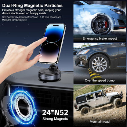 Vacuum Magnetic Suction Phone Holder, Foldable and Retractable Hands-Free Suction Cup Phone Mount for Car/Gym/Mirror/Smooth Surface, Compatible with Iphone Android and All Smartphones (Black)
