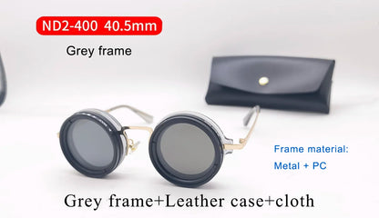 Handcrafted ND9 Adjustable Dimming Retro Punk Round Sunglasses for Men and Women - UV400 Polarized Outdoor Fishing and Driving Eyewear