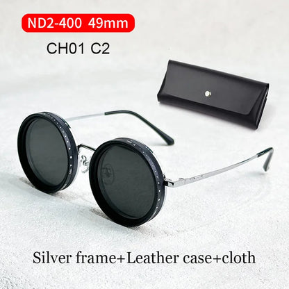 Handcrafted ND9 Adjustable Dimming Retro Punk Round Sunglasses for Men and Women - UV400 Polarized Outdoor Fishing and Driving Eyewear
