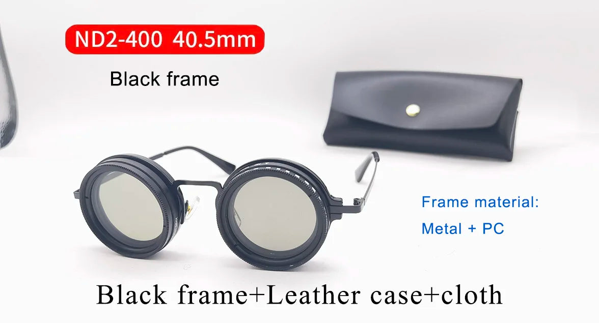 Handcrafted ND9 Adjustable Dimming Retro Punk Round Sunglasses for Men and Women - UV400 Polarized Outdoor Fishing and Driving Eyewear