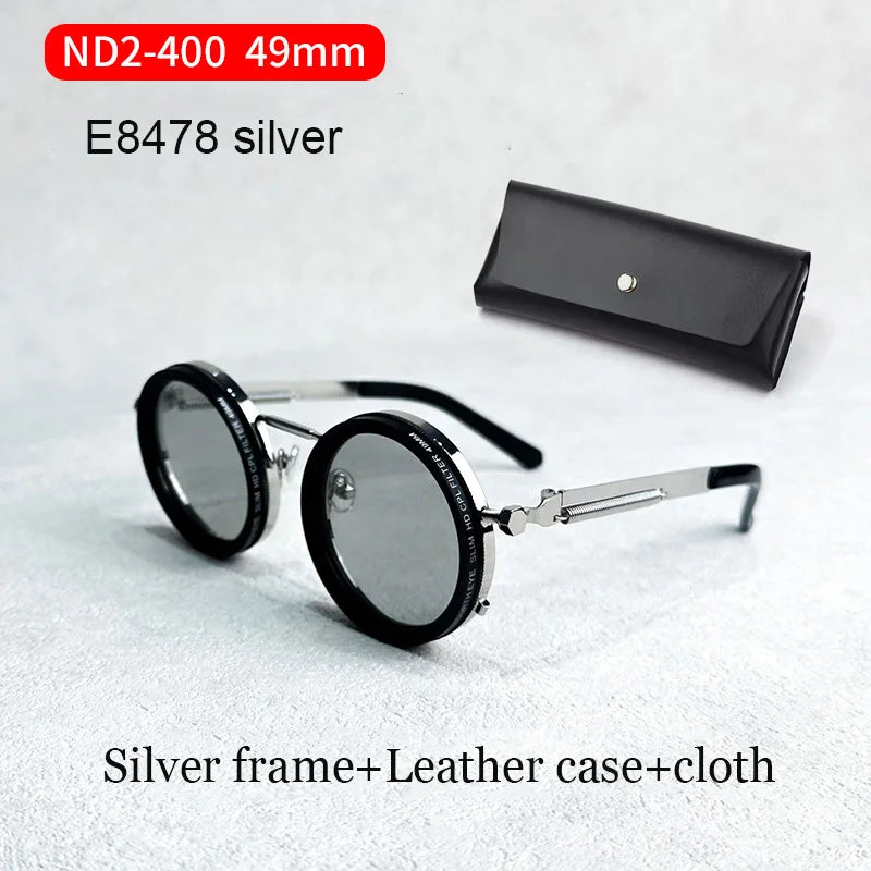 Handcrafted ND9 Adjustable Dimming Retro Punk Round Sunglasses for Men and Women - UV400 Polarized Outdoor Fishing and Driving Eyewear