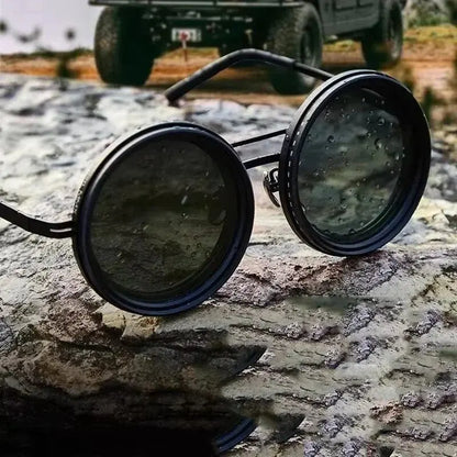 Handcrafted ND9 Adjustable Dimming Retro Punk Round Sunglasses for Men and Women - UV400 Polarized Outdoor Fishing and Driving Eyewear