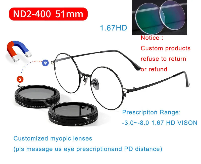 Handcrafted ND9 Adjustable Dimming Retro Punk Round Sunglasses for Men and Women - UV400 Polarized Outdoor Fishing and Driving Eyewear