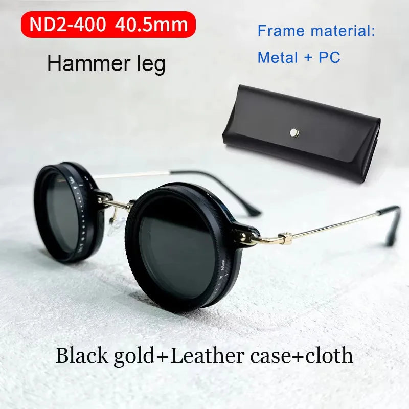 Handcrafted ND9 Adjustable Dimming Retro Punk Round Sunglasses for Men and Women - UV400 Polarized Outdoor Fishing and Driving Eyewear