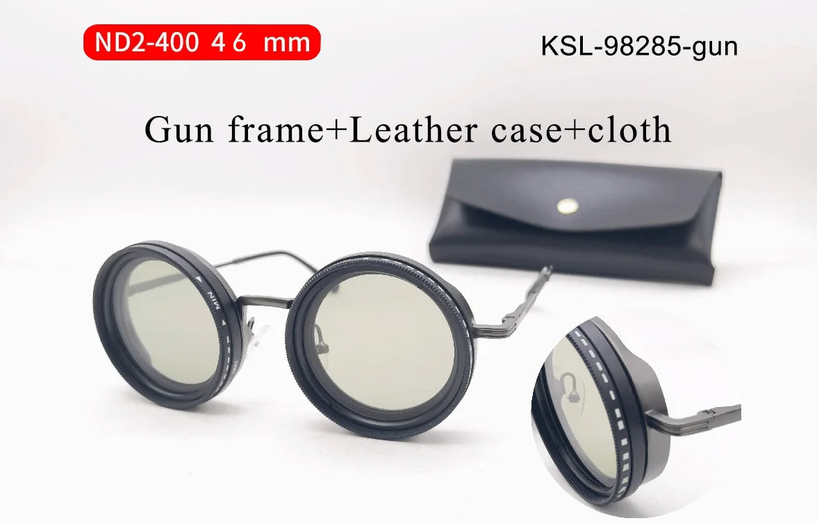 Handcrafted ND9 Adjustable Dimming Retro Punk Round Sunglasses for Men and Women - UV400 Polarized Outdoor Fishing and Driving Eyewear