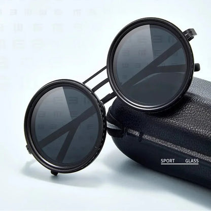 Handcrafted ND9 Adjustable Dimming Retro Punk Round Sunglasses for Men and Women - UV400 Polarized Outdoor Fishing and Driving Eyewear