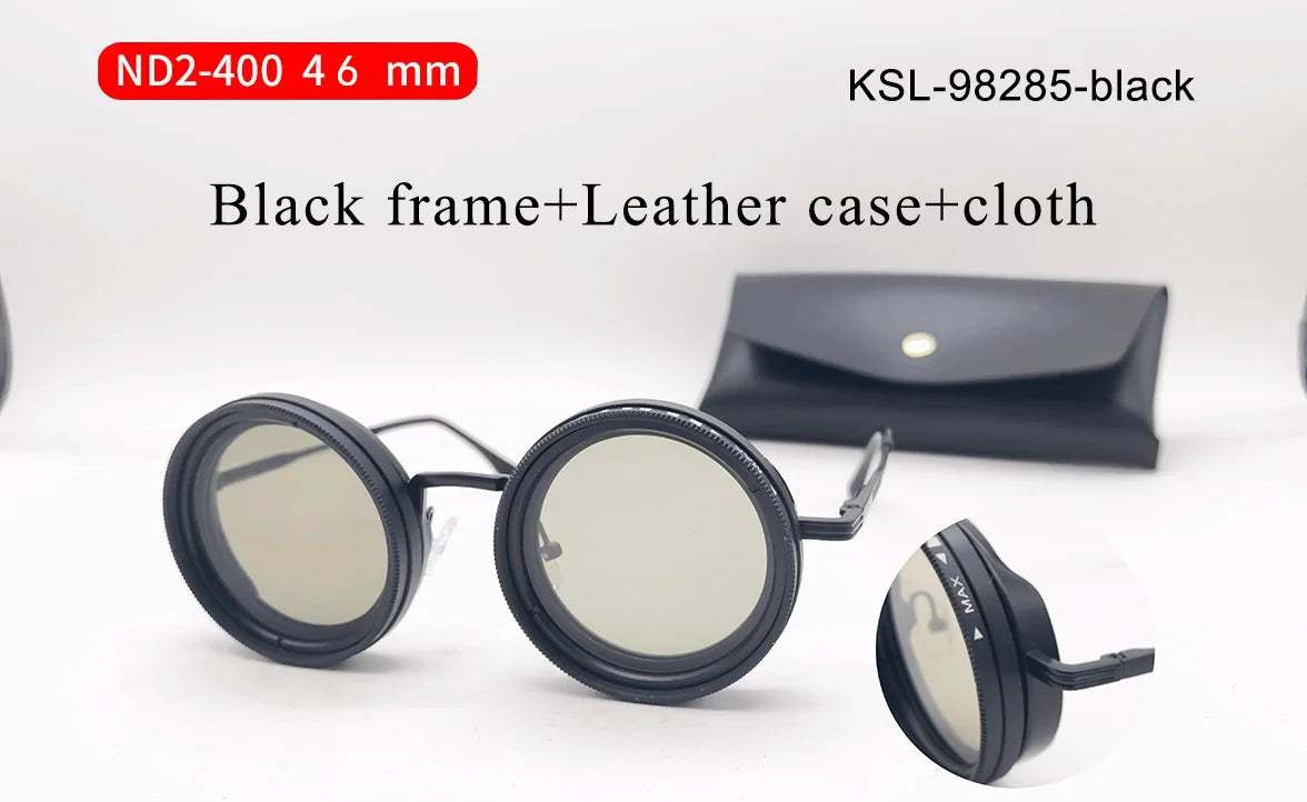 Handcrafted ND9 Adjustable Dimming Retro Punk Round Sunglasses for Men and Women - UV400 Polarized Outdoor Fishing and Driving Eyewear