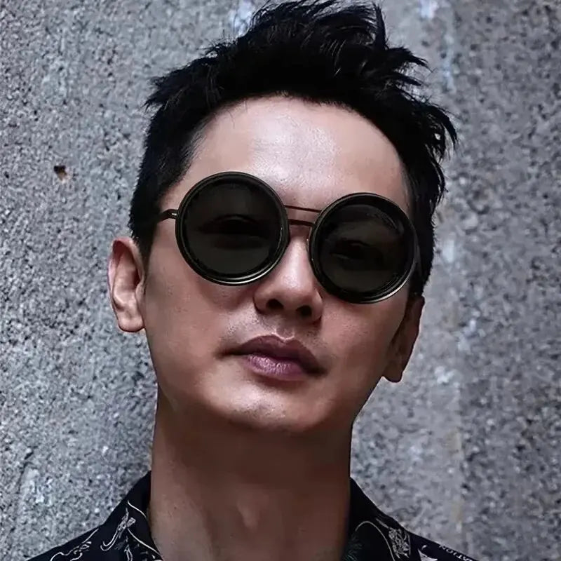 Handcrafted ND9 Adjustable Dimming Retro Punk Round Sunglasses for Men and Women - UV400 Polarized Outdoor Fishing and Driving Eyewear