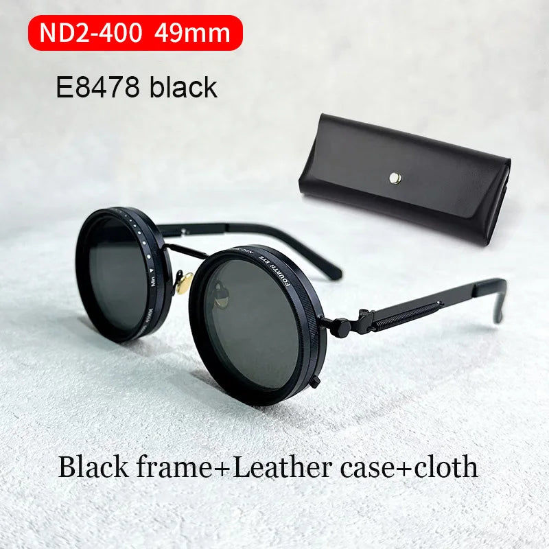 Handcrafted ND9 Adjustable Dimming Retro Punk Round Sunglasses for Men and Women - UV400 Polarized Outdoor Fishing and Driving Eyewear