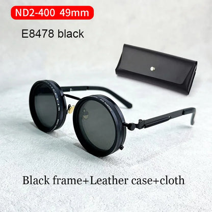 Handcrafted ND9 Adjustable Dimming Retro Punk Round Sunglasses for Men and Women - UV400 Polarized Outdoor Fishing and Driving Eyewear