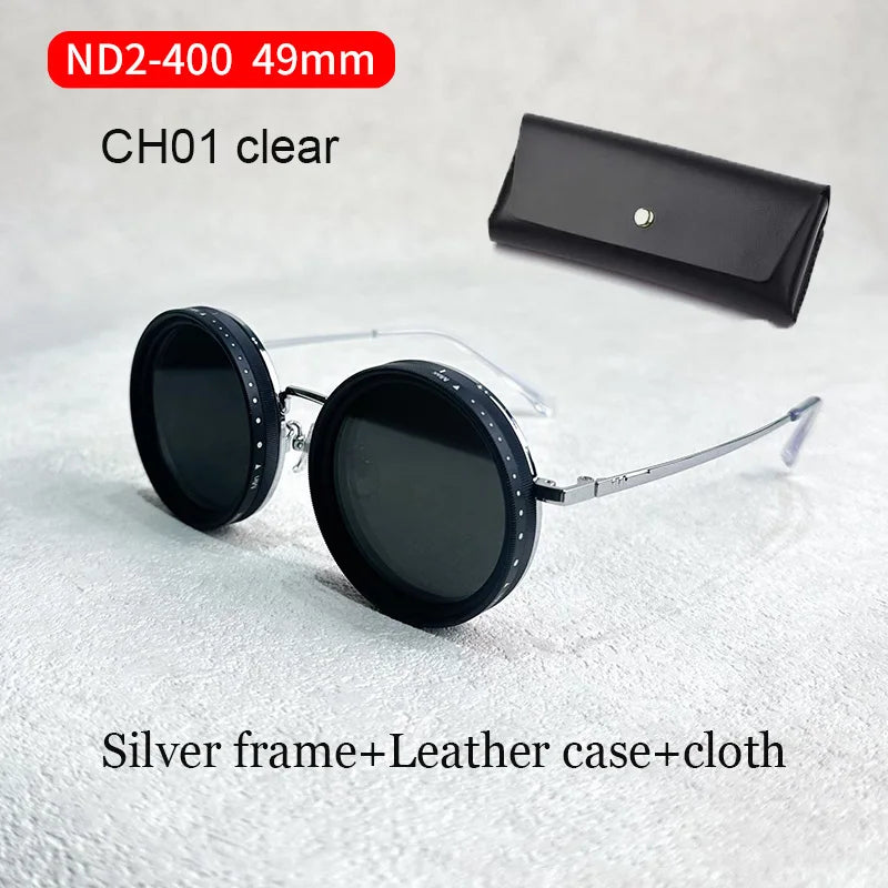Handcrafted ND9 Adjustable Dimming Retro Punk Round Sunglasses for Men and Women - UV400 Polarized Outdoor Fishing and Driving Eyewear