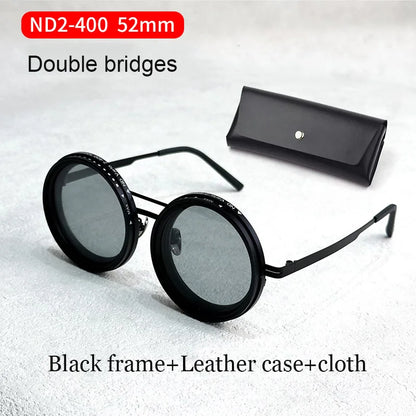 Handcrafted ND9 Adjustable Dimming Retro Punk Round Sunglasses for Men and Women - UV400 Polarized Outdoor Fishing and Driving Eyewear