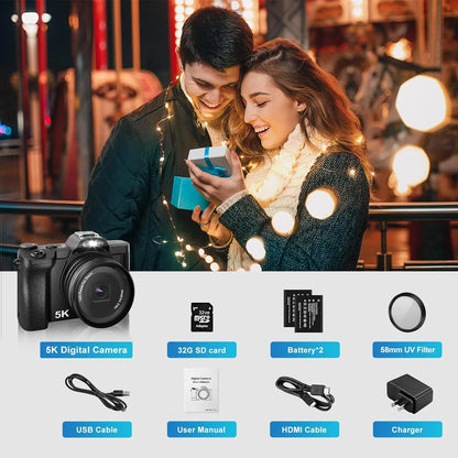 5K Digital Camera Autofocus 16X 48 MP Vlogging Camera for Youtube DSLR Video Cameras with 32G SD Card, Black